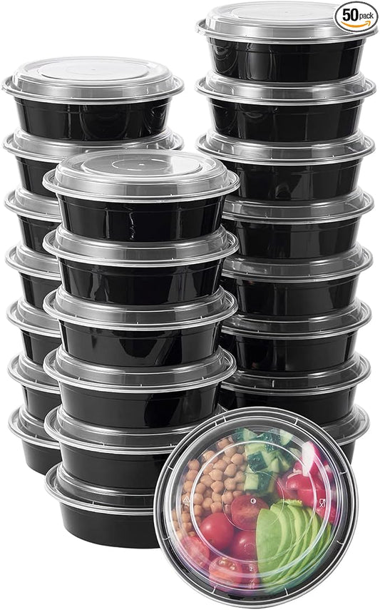 FULING 24 oz 50 ct Round Meal Prep Food Storage Containers with Lids To Go Plastic Lunch Plan Box Disposable Take Out Bowls Black BPA Free Reusable Durable Stackable Microwave Freezer Dishwasher Safe