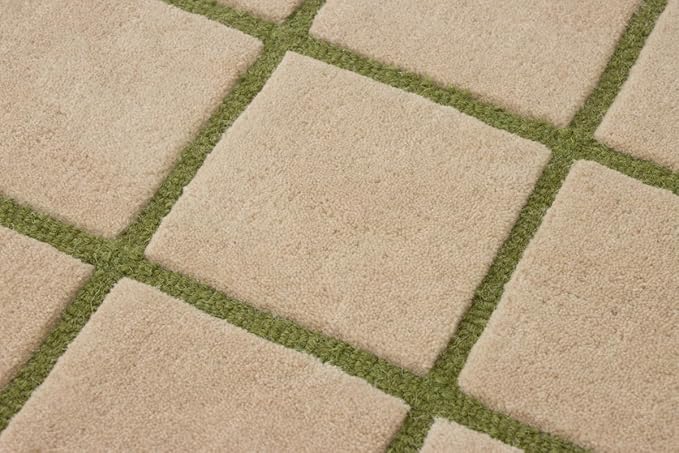 Scalloped Border Wool Area Rug with Windowpane Grid, Hand-Tufted, Beige-Blush with Sage Lines & Light Purple Edge - Soft High-Low Pile for Living Room, Bedroom, Nursery - 9x12 Ft