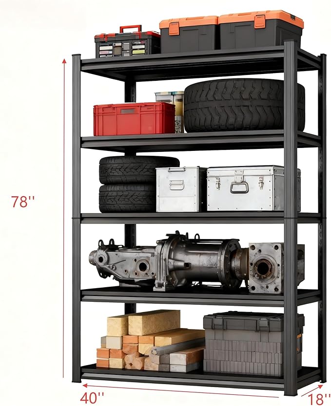 Garage Storage Shelves Heavy Duty，5-Tier Metal Garage Shelving Unit 40''W*18''D*78''H，Adjustable 3020 lbs Shelf, Upgraded Reinforced Double-Layer Columns for Basement Kitchen Laundry room Pantry