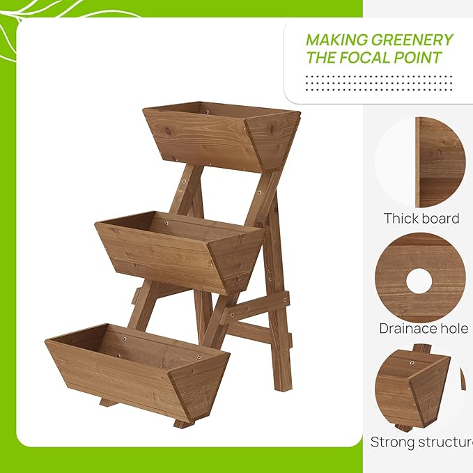 3-Tiers Wooden Raised Garden Bed Tiered Planter Box Vertical Garden Planter Wood Plant Stand for Patio, Balcony, Freestanding. (Brown L)