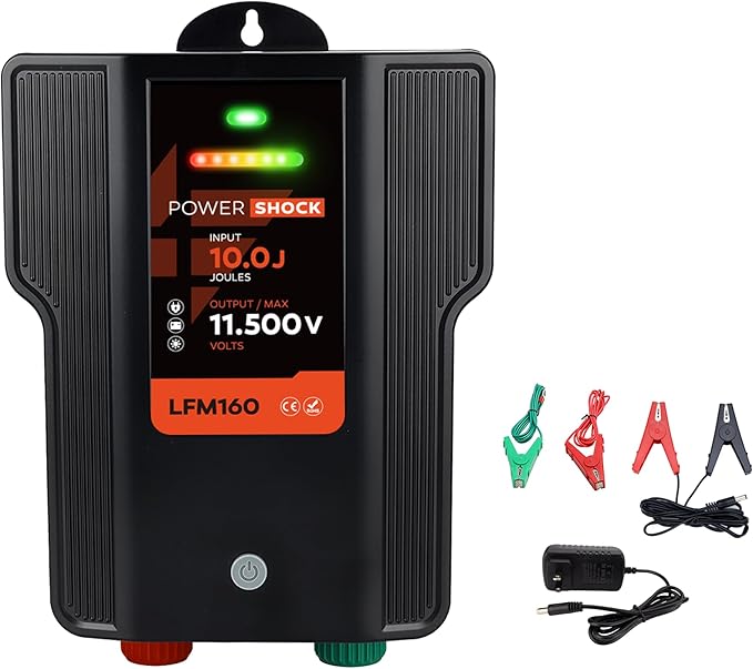 Electric Fence Charger AC DC Powered 65 Miles 200 Acres, 110 Volt 2 Joule Plug-in Electric Fence Energizer, Output Voltage Max 12 kV for Livestock, Preventing Predators from Intruding