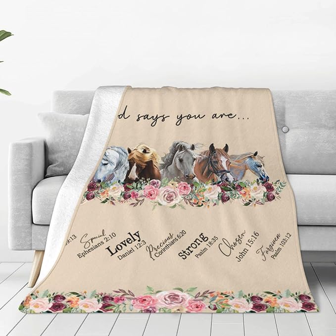 God Says You Are Horse Decor Throw Blanket - Super Warm Soft Plush Lightweight Fleece Flannel Bible Verse Blanket for Women, Girls, Boys, Men, Kids - Winter Couch Bedding - 50"X60"