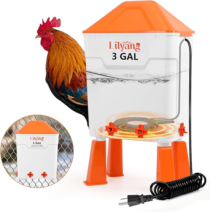 Lilyang Heated Chicken Waterer 3 Gallon, 250W Chicken Water Heater with Thermostat Control, Freeze-Proof Poultry Drinker for Winter, Hanging/Standing Use
