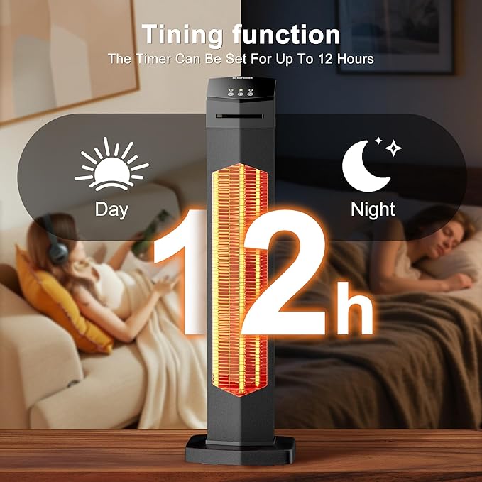 AKIRES 37IN Outdoor Electric Patio Heater,Portable Infrared Heaters With Remote,IP54 Waterproof Tower Space Heater,12H Timer,Large Room Heater for Garage Backyard Porch Balcony Shop Patio,Black