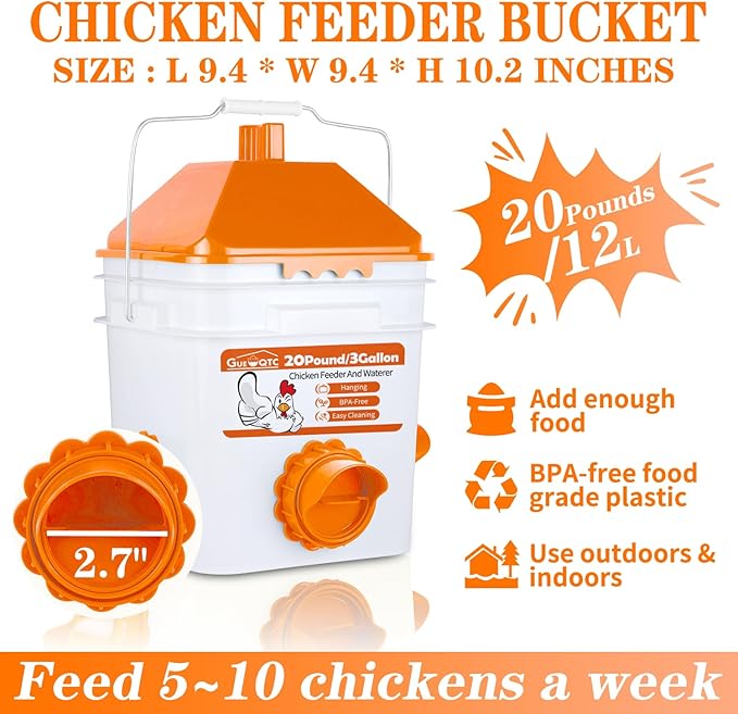 20 Pounds Chicken Feeder and 3 Gallon Chicken Waterer,High-Capacity Hanging Chicken Feeder and Waterer Set for up to 20 Chicks/15 Adult Chickens(Orange)
