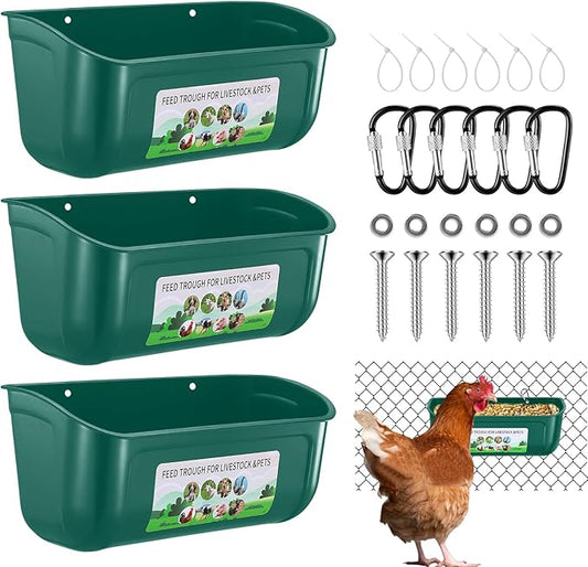 Chicken Feeder Waterer, 3 Pack Duck Feeder Supplies, Hanging Fence Feed Trough with Clips for Goat, Sheeple, Piglet, Gooses, Turkeys, Dog Livestock Poultry,Green