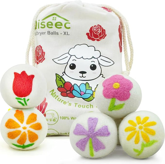 Wool Dryer Balls 6-Pack XL - Unique Petal Embroidery, Natural Reusable Laundry Fabric Softener, Reduces Wrinkles & Drying Time, Hypoallergenic & Leaves Fabrics Naturally Soft and Fluffy
