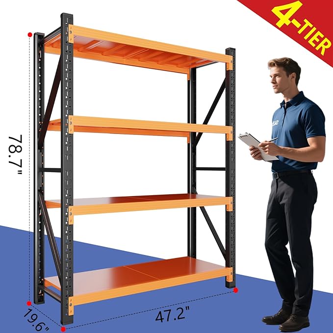 79" H Garage Shelving,3500LBS Heavy Duty Storage Rack,4 Tiers Metal Storage Rack Shelf, Adjustable Shelving Unit for Garage,Kitchen,Warehouse,Basement,78.7" H x 47.2" W x 19.6" D,Black&Orange
