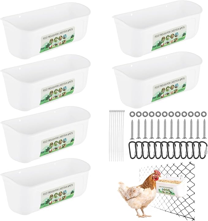 6 Pack Goat Feeder Hanging Chicken Waterer Feeder Trough, Fence Feeders with Clips for Poultry Livestock, White