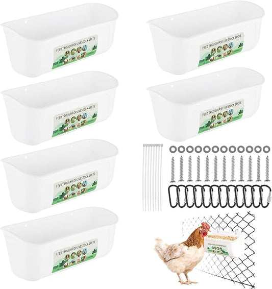 6 Pack Goat Feeder Hanging Chicken Waterer Feeder Trough, Fence Feeders with Clips for Poultry Livestock, White