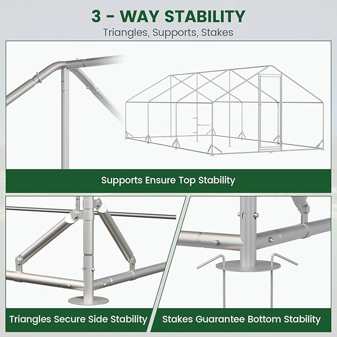 Large Walk-in Metal Chicken Coop with Chicken Run & Hardware Cloth, Solar Light, Waterproof & UV-Resistant Cover, Outdoor Poultry Cage for Farm Use, 3 Room