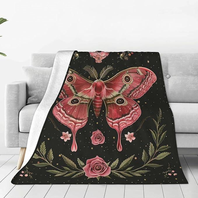 Moth Moon Rose Blanket Witchy Vintage Butterfly Decor Throw Blanket Comfy Plush Flannel Fleece Warm Soft Fluffy Fuzzy Blanket Gothic Gifts for Girls Boys Women Teens for Room Bed Sofa Couch 50"X60"