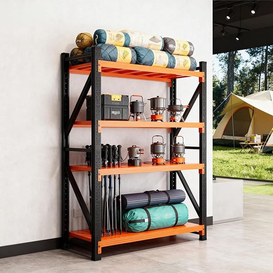79" H Garage Shelving,3500LBS Heavy Duty Storage Rack,4 Tiers Metal Storage Rack Shelf, Adjustable Shelving Unit for Garage,Kitchen,Warehouse,Basement,78.7" H x 47.2" W x 19.6" D,Black&Orange