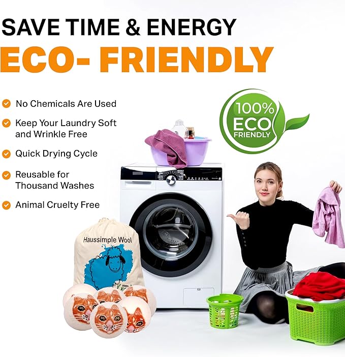 Wool Dryer Balls 6-Pack 100% Natural New Zealand Wool, Handmade in Nepal Reusable Laundry Balls, Faster Drying, Softer Clothes, Anti-Static, Dryer Sheets Alternative (Orange Cat)