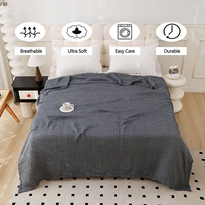 Boho Throw Blanket, 100% Cotton Ultra Soft Luxury Throw Rustic Quilt, Muslin Breathable Soft Bed Throw ，All Throw for Sofa Couch Chair 60×80 Inch (Grey Cotton Blanket 80x90 Inch, 80x90 Inch)