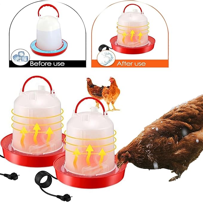 Heated Chicken Waterer for Winter 6L/1.5Gallon, Thermostatically Controlled Heated Poultry Waterer, Red Plastic Water Dispenser with Heater for Chicks Ducks Livestock