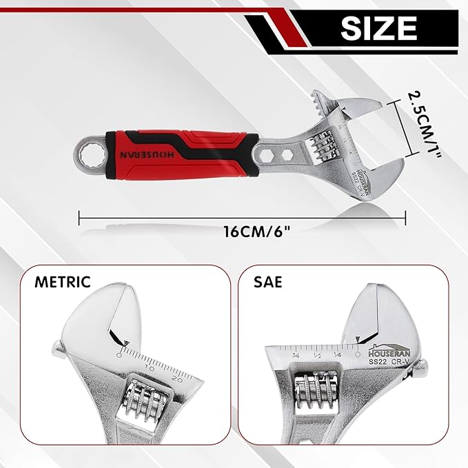 6-Inch Adjustable Wrench, Wide Jaw Adjustable Wrench with Anti-Slip Grips, Cr-V Steel Wrenchs for Home Repair, DIY, Garage