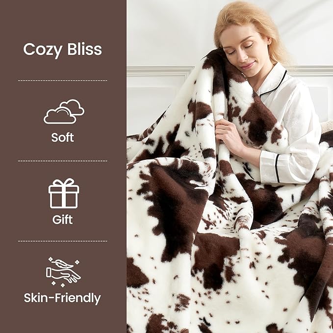 Cozy Bliss Cow Print Faux Fur Throw Blanket, Animal Printed Blankets Super Soft Warm Thick Fluffy Throws Home Decor for Couch Bed Sofa Women (Black&Coffee Cow, 50x60 Inches)