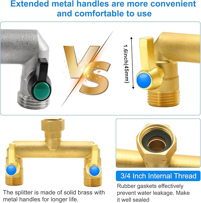 Garden Hose Splitter Full Flow, 2 Way Heavy Duty Outdoor Brass Hose Splitter with Metal Shutoff Valve and Long Handle Outdoor Faucet Diverter, 3/4" GHT Threads，Water Flow Increase
