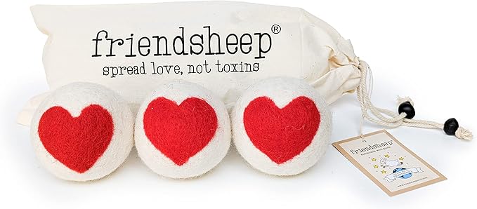 Friendsheep Wool Dryer Balls, Organic Reusable Fabric Softener Alternative for Laundry, Handmade, Fair Trade, Hypoallergenic, Eco-Friendly, Plastic-Free (3 Pack XL – Red Heart )