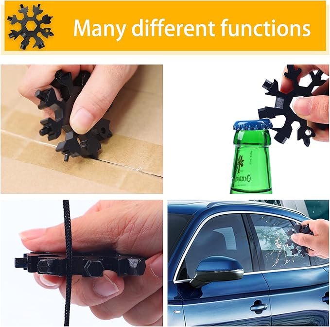 FZENeast Snowflake Multitool, 3 Pcs 18-in-1 Stainless Steel Snowflake Standard Multi-Tool, Snowflake Wrench with Key Ring, Carabiner Clip and Storage Bag (Black)