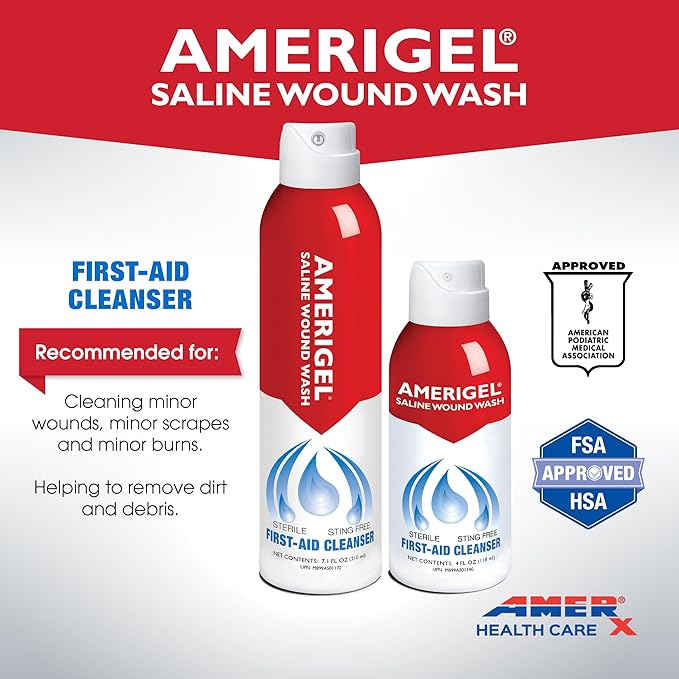 AMERIGEL - Saline Wound Wash - First Aid Cleansing Solution - Advanced Skin and Wound Care - 7.1 Oz.