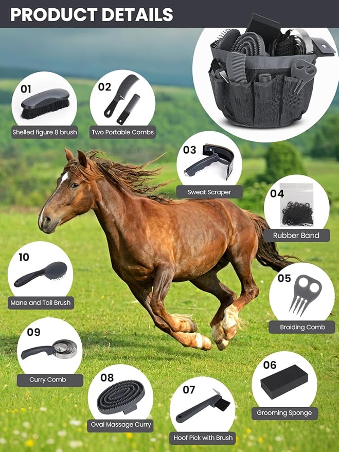 Horse Grooming Kit 12 Pcs – Complete Horse Brushes & Care Supplies Set with Organizer Tote Bag, Equine Coat Grooming Tools, Tack Room Equipment & Gifts for Horse Owners & Lovers