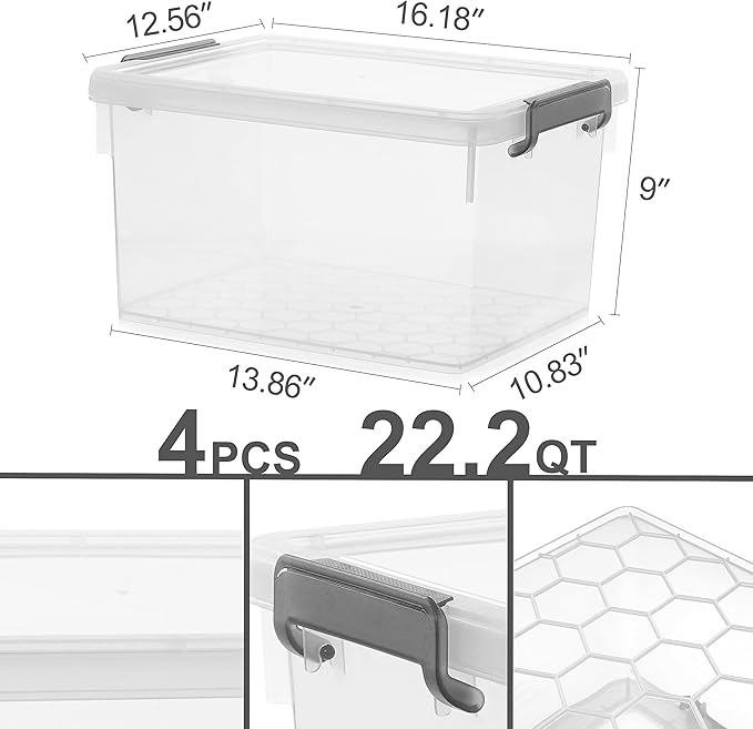Citylife 22.2 Qt. Plastic Storage Bins with Lids Large Stackable Storage Containers for Organizing Clear Durable Storage Box, 4 Packs