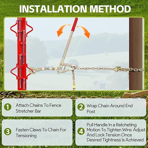 Heavy-Duty Chain Link Fence Stretcher Tool,with 19.7FT Chain-2200lbs Fence Stretcher Tensioner, Fence Tensioner and Repair Tool for Barbed Wire, Farm Fencing, Ranch, and Fence Repair