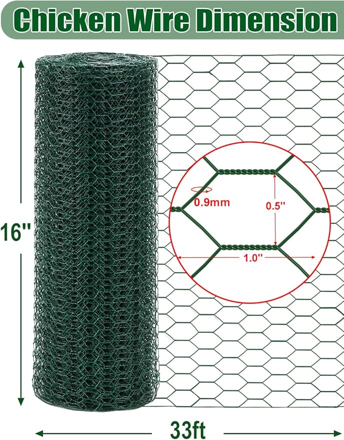 TOYPOPOR Chicken Wire, 16''x 396''/33ft Mesh Roll for Floral Arrangements, Anti-Rust PVC Coated Garden Netting, Rabbit Animal Fence with Cutting Plier, Gloves and Ties for DYI Crafts, Poultry, Garden