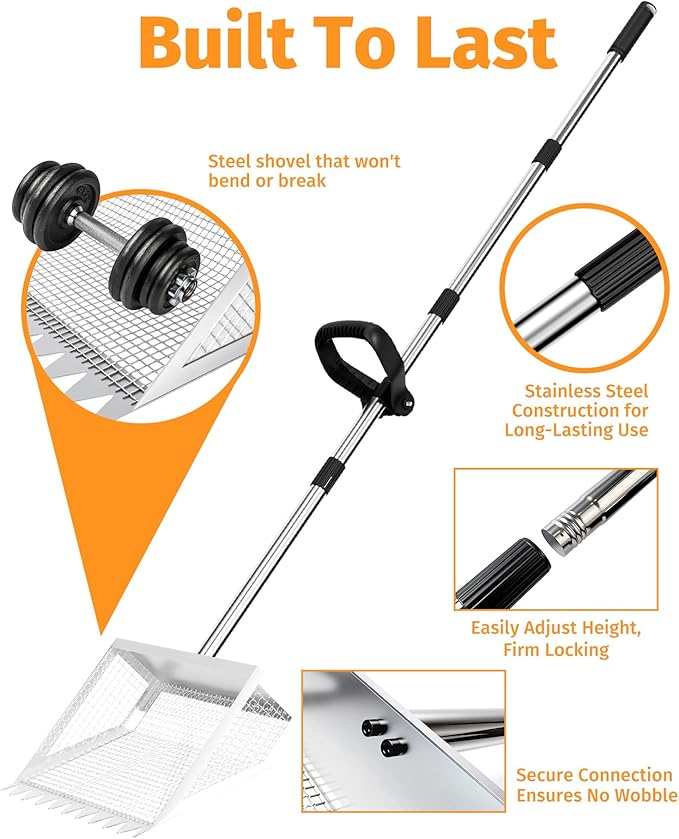 Chicken Poop Scooper and Rake – 2-in-1 Metal Litter Sifter for Chicken Coops, Sand, and Runs with 22–62" Adjustable Handle, Heavy-Duty Cleaning Tool for Chicken and Duck