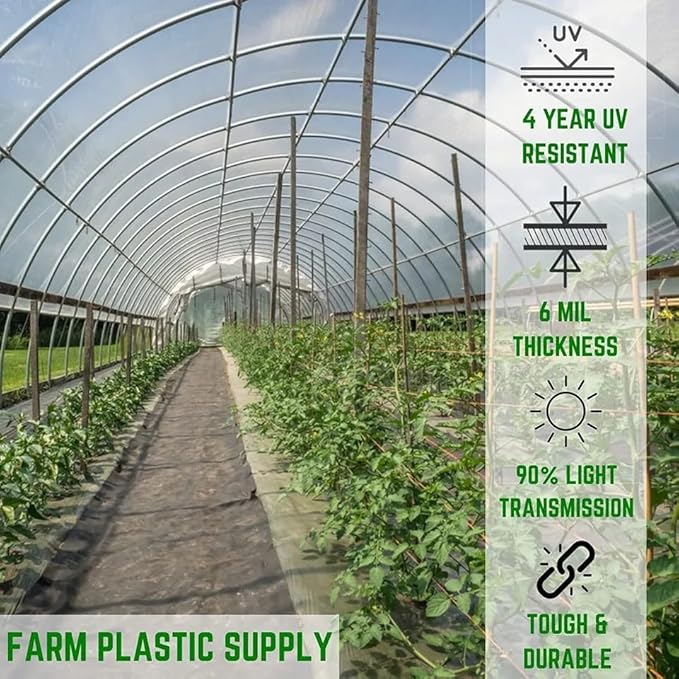 FPS - 4 Year Clear 6 mil Greenhouse Plastic Sheeting - Clear Sheeting, Polyethylene Film, Transparent Plastic Film for Greenhouse (48' x 28')