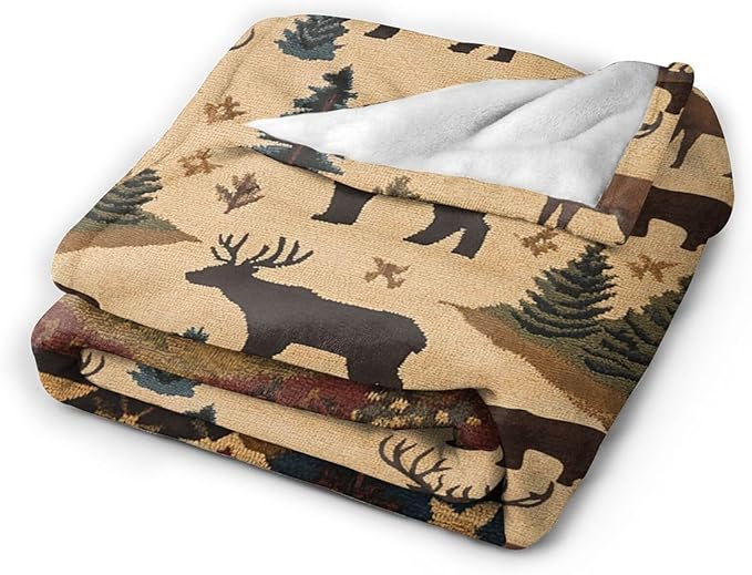 Dynova Cabin Throw Blanket Cozy Plush Retro Rustic Lodge Throw Blankets Bear Deer Decor Fuzzy Flannel Fleece for Girls Boys Women Men 80"X60"
