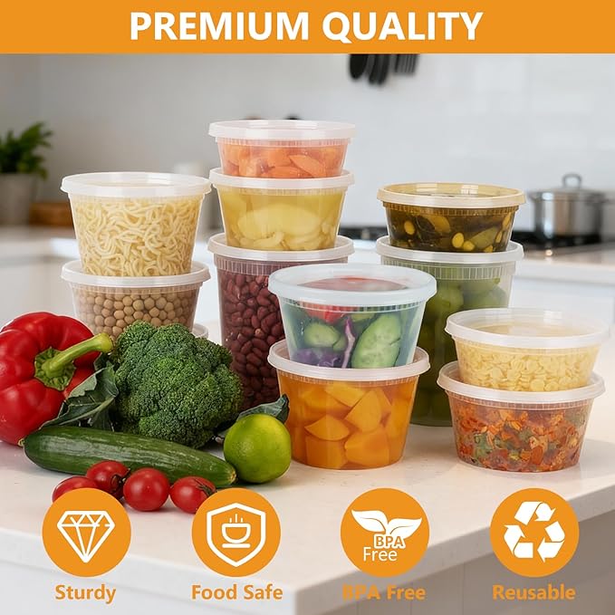 NESCCI 96 Sets (192-Piece) Deli Containers with Lids, 32/16/12/8 oz X 24 Set Each, Leak-Proof & BPA Free Airtight Takeout Plastic Food Storage Containers for Soup, Meal Prep,Microwave/Freezer Safe