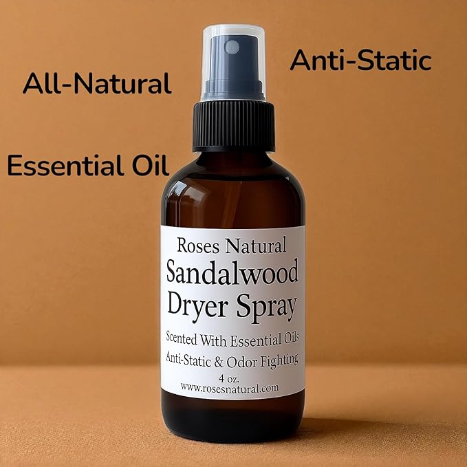 Natural Dryer Ball Spray, 4 oz, Patchouli, Lavender,Essential Oil Laundry Refresher, Fabric Freshener for Clothes, Linens & Wool, Anti-Static & Odor Neutralizer, Made in the USA (Sandalwood)