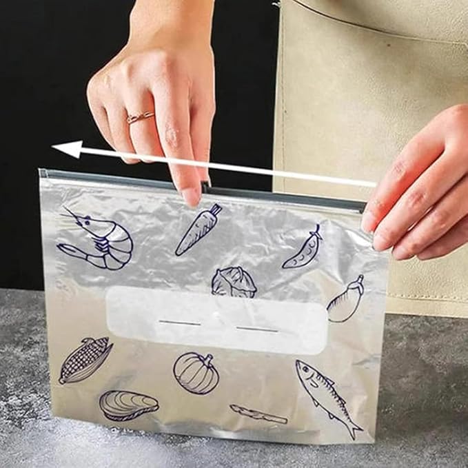 30PCS reusable aluminum foil sealed storage bags, 2025 new resealable food vacuum zipper bags, vegetable, fruit, and meat upright aluminum foil sealed bags with labels and zippers (10 each of 3 sizes)