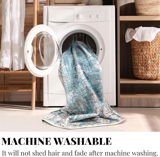 MUJOO Hallway Runner Rug - Machine Washable, Non Slip Boho Teal Rug for Hallways, Entryway, Kitchen, Bathroom, Bedside - Retro Soft Low-Pile 2'x6' Blue Blossom