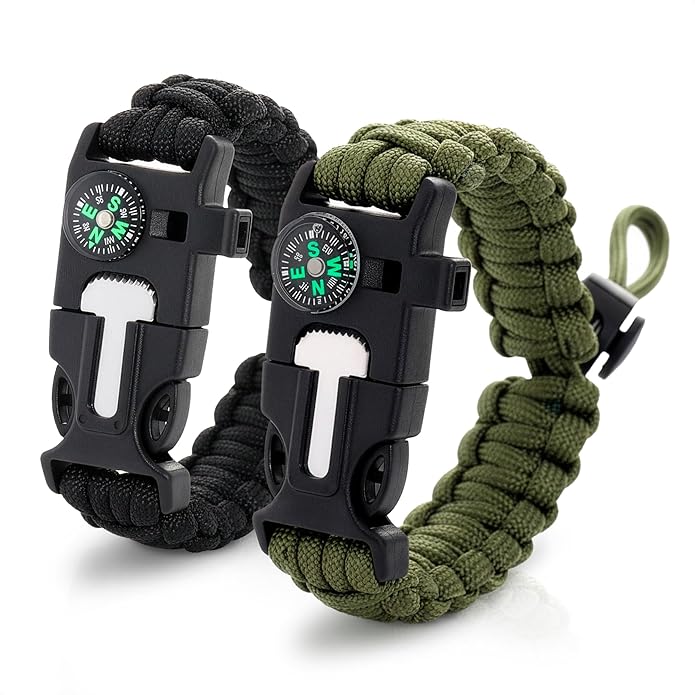 2Pack Survival Paracord Bracelet – 5-in-1 Adjustable Tactical Bracelet for Men with 10 ft Paracord, Flint Fire Starter, Compass, Whistle & Scraper – Survival Gear for Camping, Hiking, Fishing & Travel