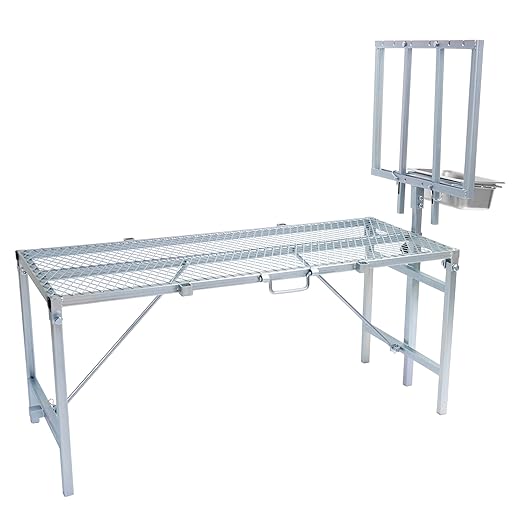 HECASA Sheep Milking Stand Livestock Feeder Rack Adjustable Headpiece w/Removable Feeding Tray Portable Farm Ranch Livestock Stand for Hoof Trimming Shearing Grooming Grooming (Silvery)