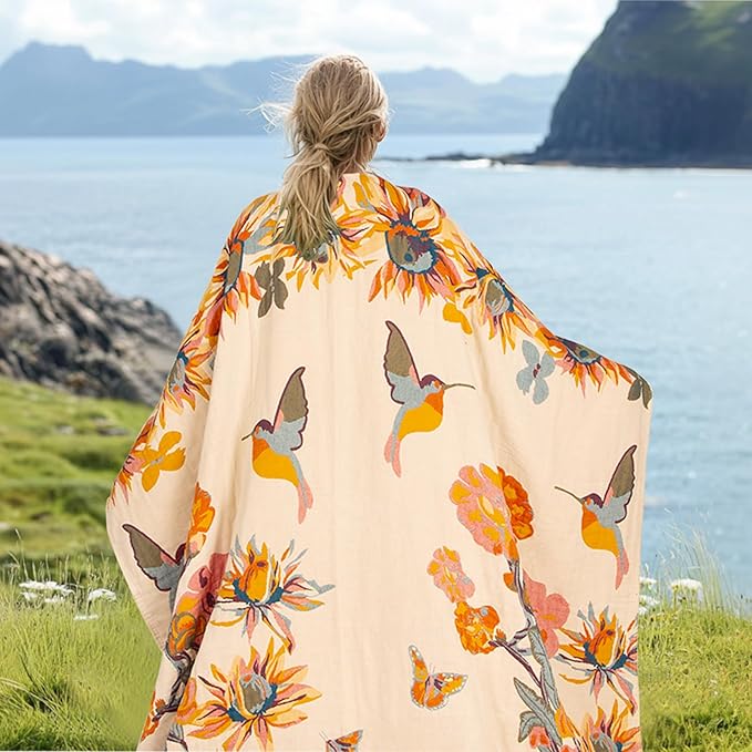 MACEVIA 100% Cotton Boho Throw Blanket, Soft Lightweight Butterfly Floral Design, 60"x80" Twin Size Bedspread for Couch Sofa, Bed, Travel, Cottagecore Decor (Butterfly Floral)