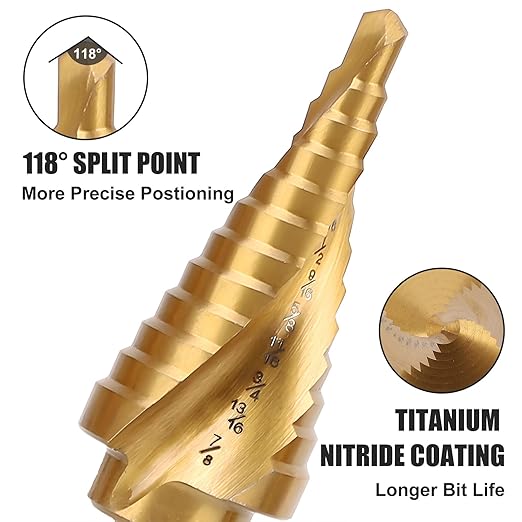 COMOWARE 3PCS Titanium HSS Step Drill Bit Set with 1/4" Hex Shank, Automatic Center Punch, Two-Flute Impact Design, Ideal for Metal, Stainless Steel, Wood, Plastic