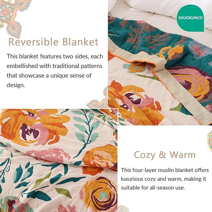 Boho Throw Blanket for Bed 100% Cotton Ultra Soft Rustic Quilt Floral Printed Farmhouse Decor Fall Bed Blankets,60"×80" All Season Rustic Large Throw for Sofa Couch Chair