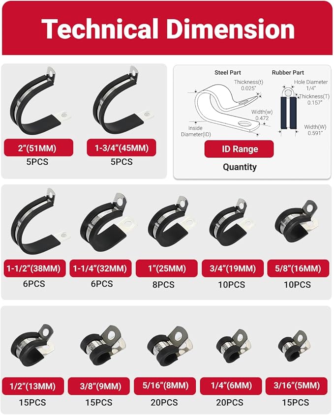 135PCS Cable Clamps Assortments Kit, 12 Sizes from small hose clamps 1/4", 3/8" to 5/8" & 1-3/4" large Stainless Steel Rubber Coated Insulated Cable Clamps for Metal Wire, Cable, Pipe, Hose,Fuel line