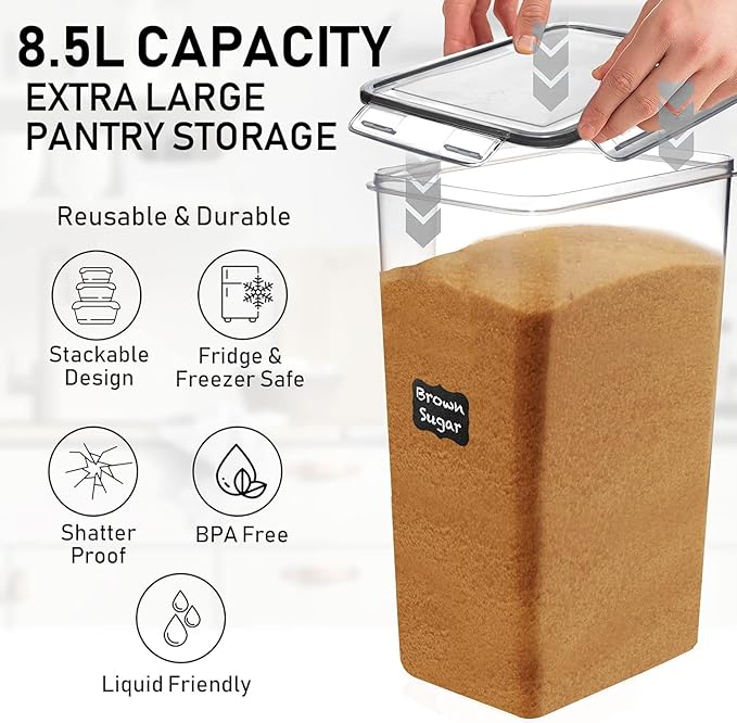 WHITE FEATHER SUPPLIES 8.5L/287Oz Extra Large Airtight Food Storage Containers (2 PC) with Lids, Kitchen and Pantry Organization Containers for Baking Supplies, Cereal, Flour, Sugar, Rice (BPA Free)