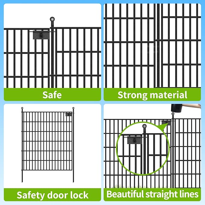 5 Panels No Dig Garden Fence with Gate, 32 in(H) X12.1 ft(L) Metal Fence Panels, Thickened Rustproof Garden Fencing, Animal Barrier for Dogs, Rabbits, and Patio