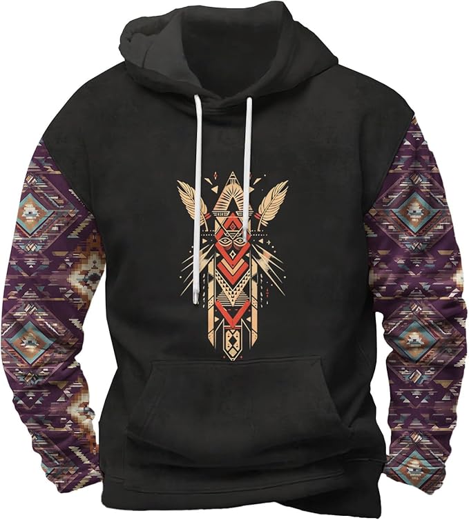 Mens Hooded Sweatshirt Vintage American Element Long Sleeve Fall Hoodie Classic Drawstring Front Pocket Pullover