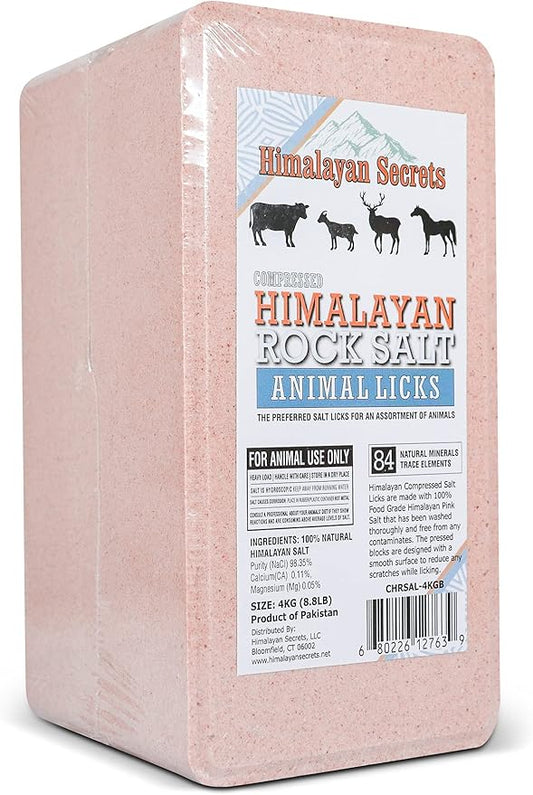 Himalayan Secrets Compressed Pink Salt Lick Brick for Livestock & Wildlife, Pure & Natural Feed Salt Block, Minerals & Trace Elements, No Additives, Durable & Long Lasting, 8.8LB (4KG)