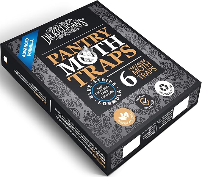 Dr. Killigan's Premium Double Potent Pantry Moth Traps with Pheromones Prime, Sticky Indian Meal Moth Traps for Kitchen, How to Get Rid of Moths in House (6 Pack, Black)