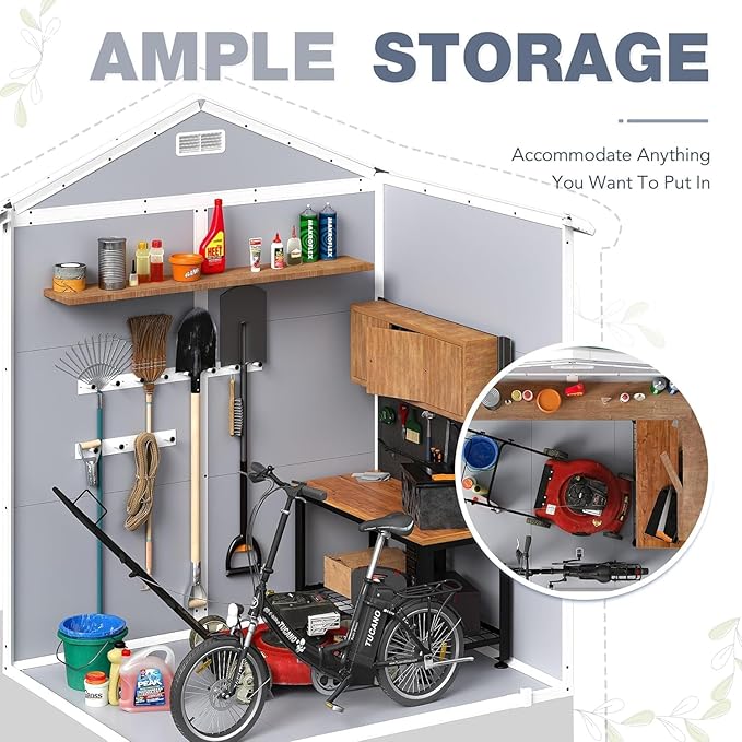 Devoko 6x4FT Outdoor Storage Shed with Lockable Door, Waterproof Plastic Resin Garden Shed Tool with Floor for Backyard, Patio, Lawn, Pool Supplies (Grey)