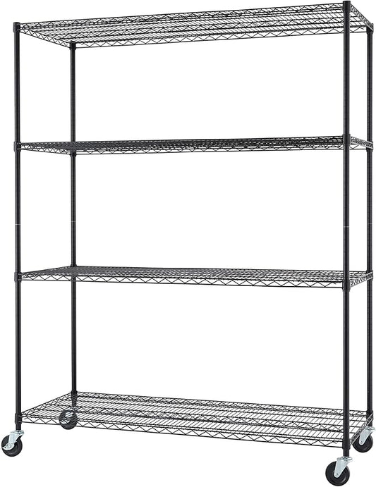 Trinity Basics 4-Tier Adjustable Wire Shelving with Wheels for Kitchen Organization, Garage Storage, Laundry Room, NSF Certified, 600 to 1800 Pound Capacity, 60” by 24” by 72”, Black